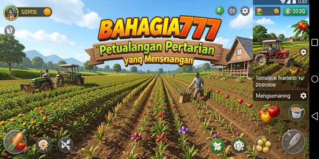 Tampilan gameplay BAHAGIA777 dengan ladang subur dan tanaman yang beragam.