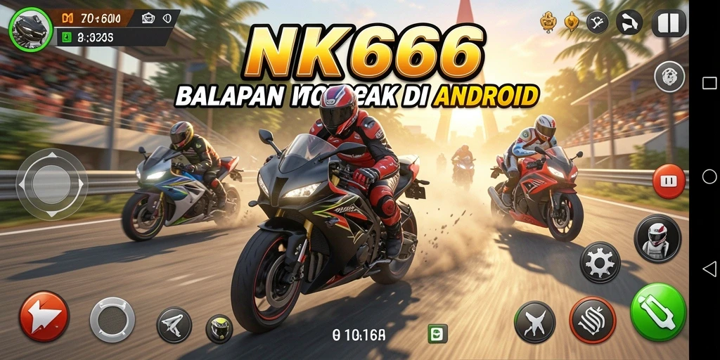 Screenshot gameplay NK666 menampilkan aksi balapan motor yang intens.
